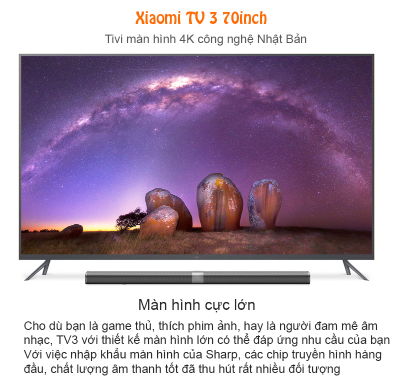 Màn hình Sharp đem đến trải nghiệm hình ảnh tuyệt vời cho Xiaomi Mi TV3 70-inch, 4K Utra HD