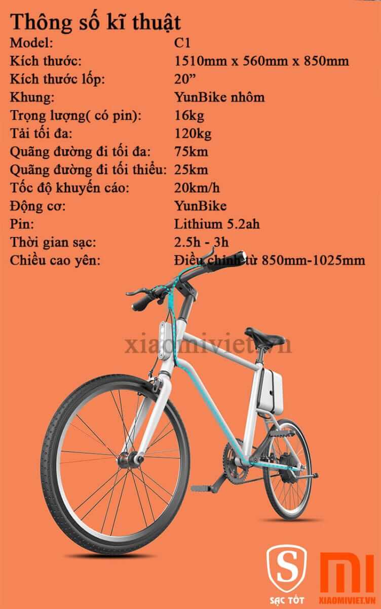 thông số kỹ thuật xe đạp điện xiaomi Yunbike C1