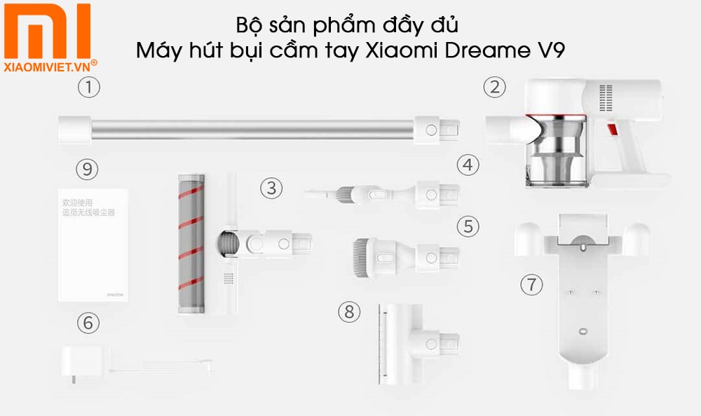 Bộ sản phẩm đầy đủ máy hút bụi cầm tay Xiaomi Dreame V9