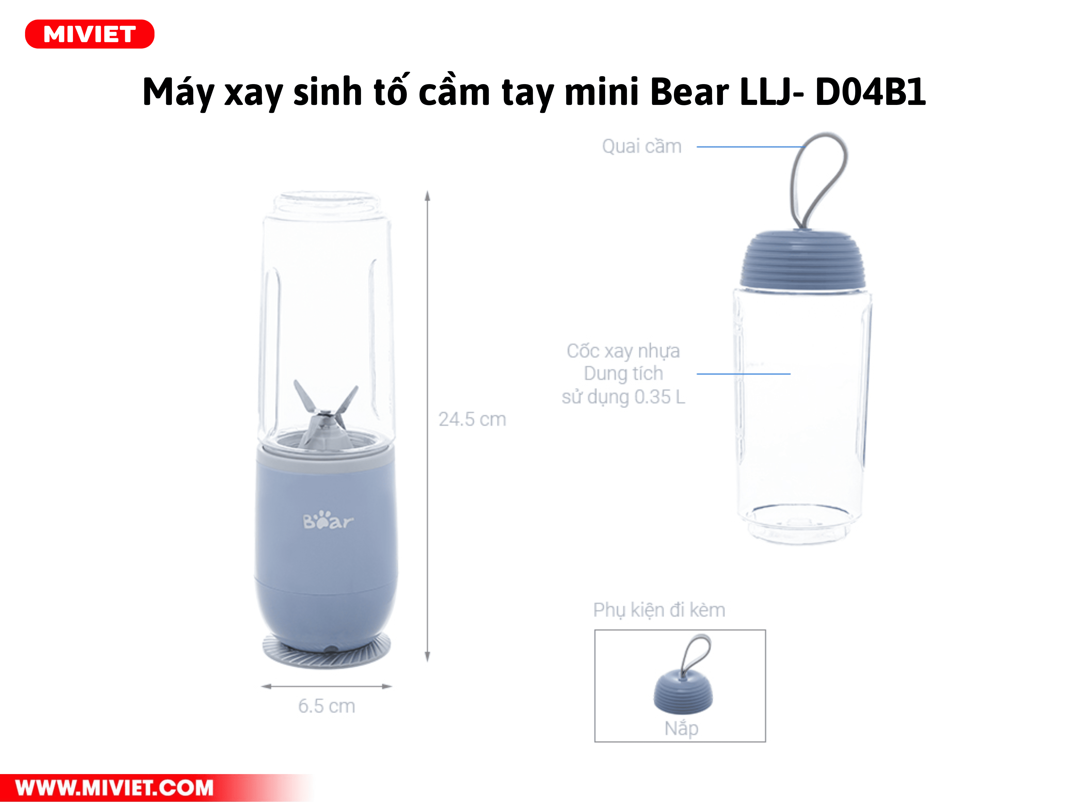 Kích thước và nguyên liệu của máy xay sinh tố cầm tay mini Bear LLJ-D04B1